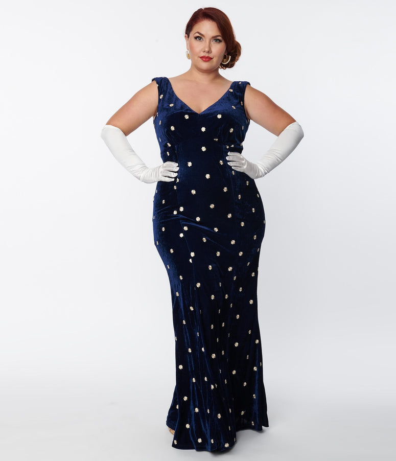 acwashingmachines Plus Size Navy Velvet & Cream Florals Goldwyn Gown