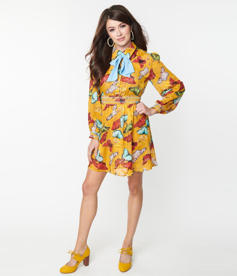 acwashingmachines Mustard & Multi Butterfly Neck Tie Flare Dress