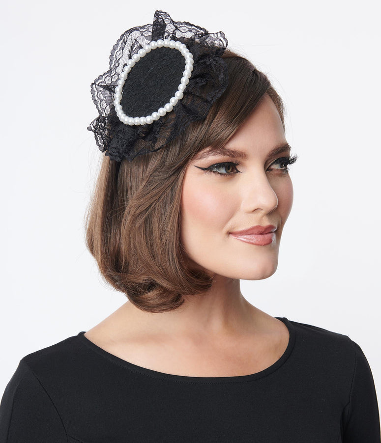 Black Lace & Pearl Fascinator Headband