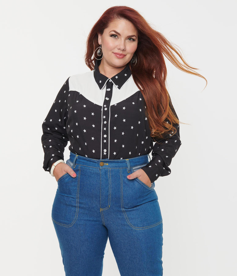 acwashingmachines Plus Size Black & White Star Print Western Blouse