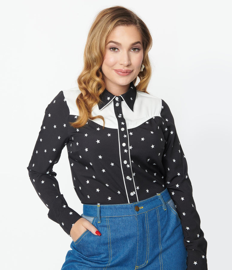 acwashingmachines Black & White Star Print Western Blouse