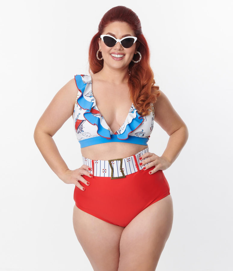 acwashingmachines Plus Size White & Blue Nautical Print Ruffle Swim Top