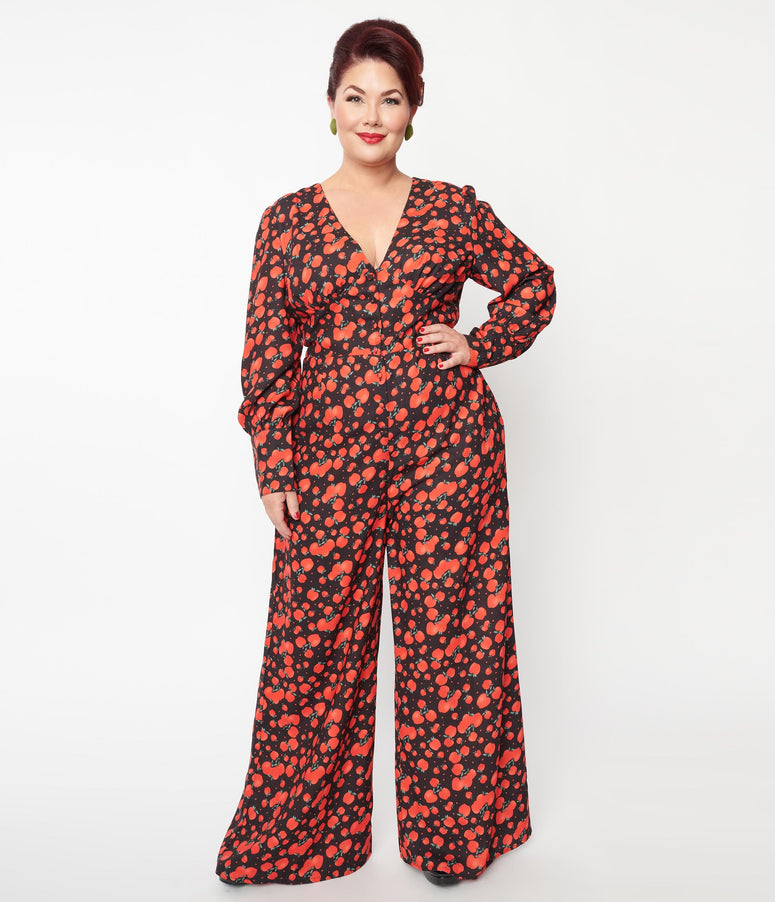 Plus Size Black & Red Apple Print Marina Jumpsuit
