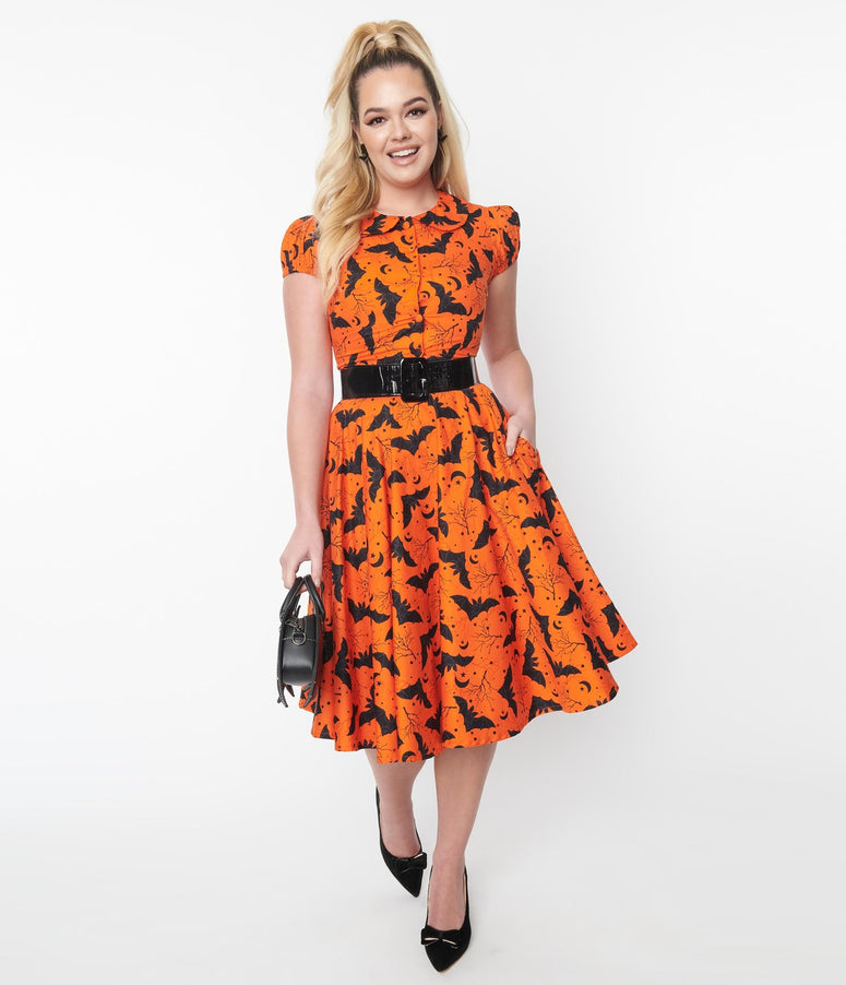 Magnolia Place Orange & Black Bat Sally Swing Skirt