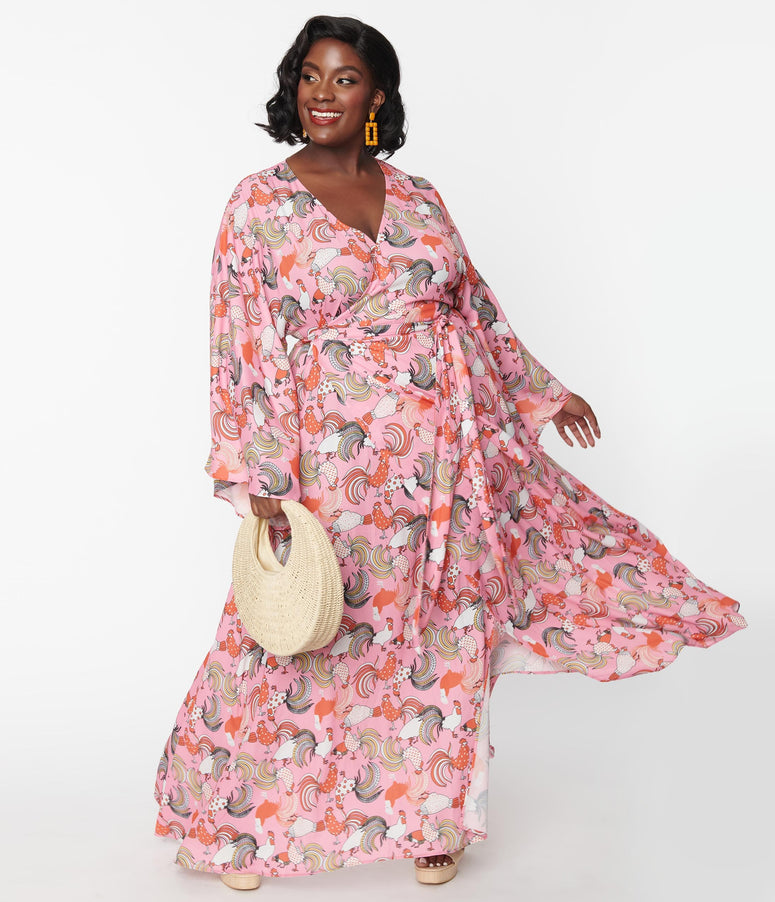 acwashingmachines Plus Size Pink Rooster Print Wrap Maxi Dress