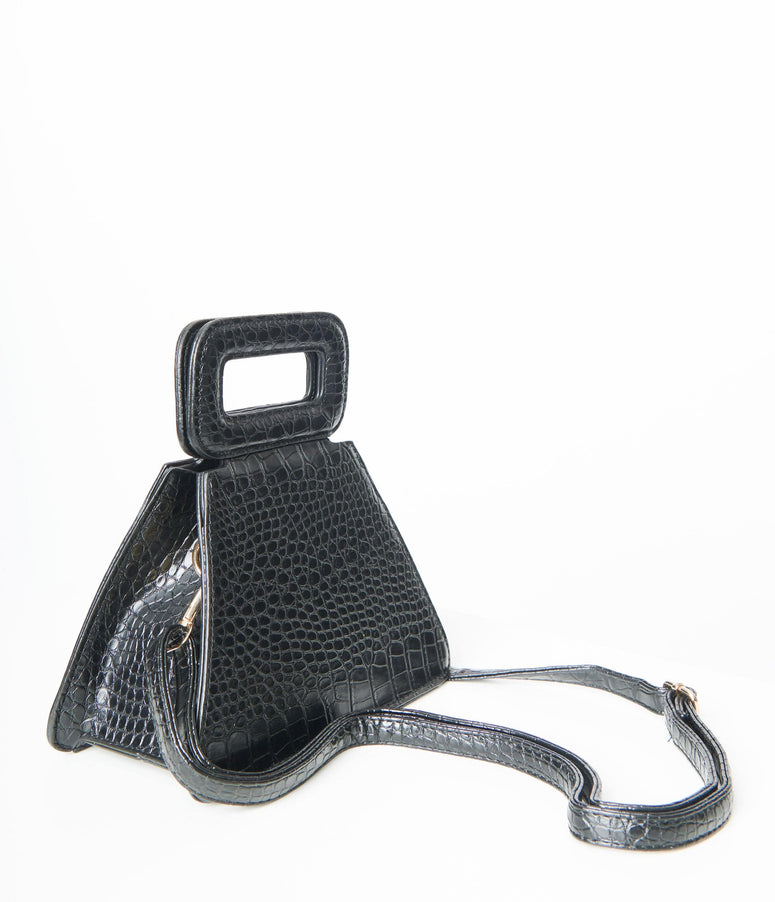 Black Leatherette Reptile Texture Handbag