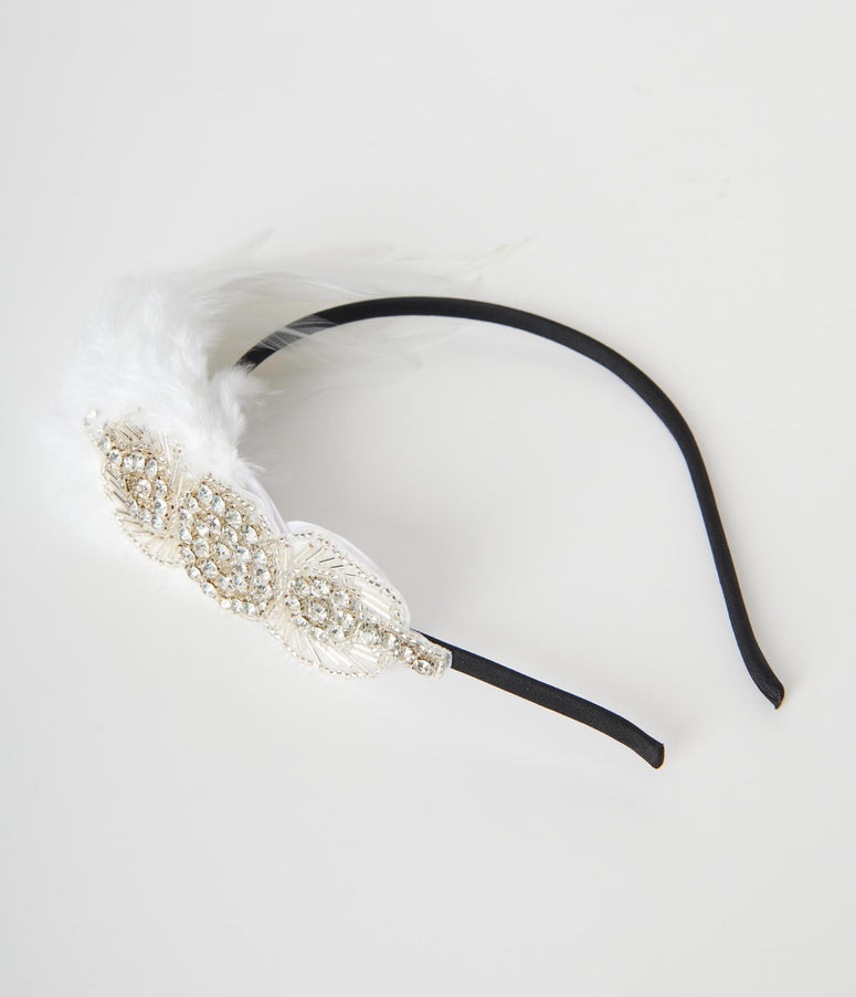 acwashingmachines White Coque Feather & Silver Rhinestone Headband