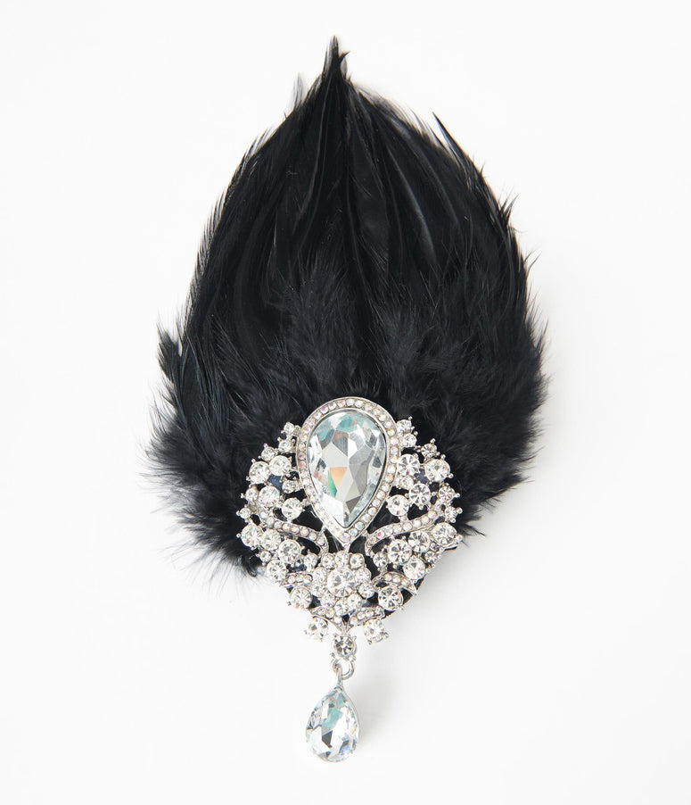 acwashingmachines Black Coque Feather & Silver Rhinestone Hair Clip