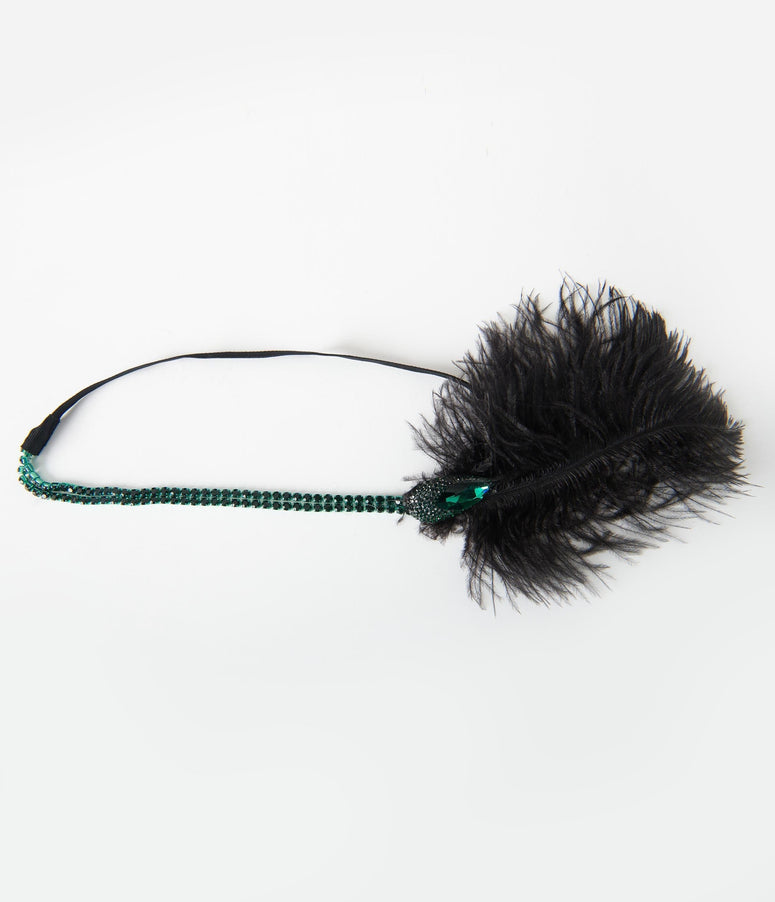 acwashingmachines Black Feather & Green Rhinestone Stretch Headband