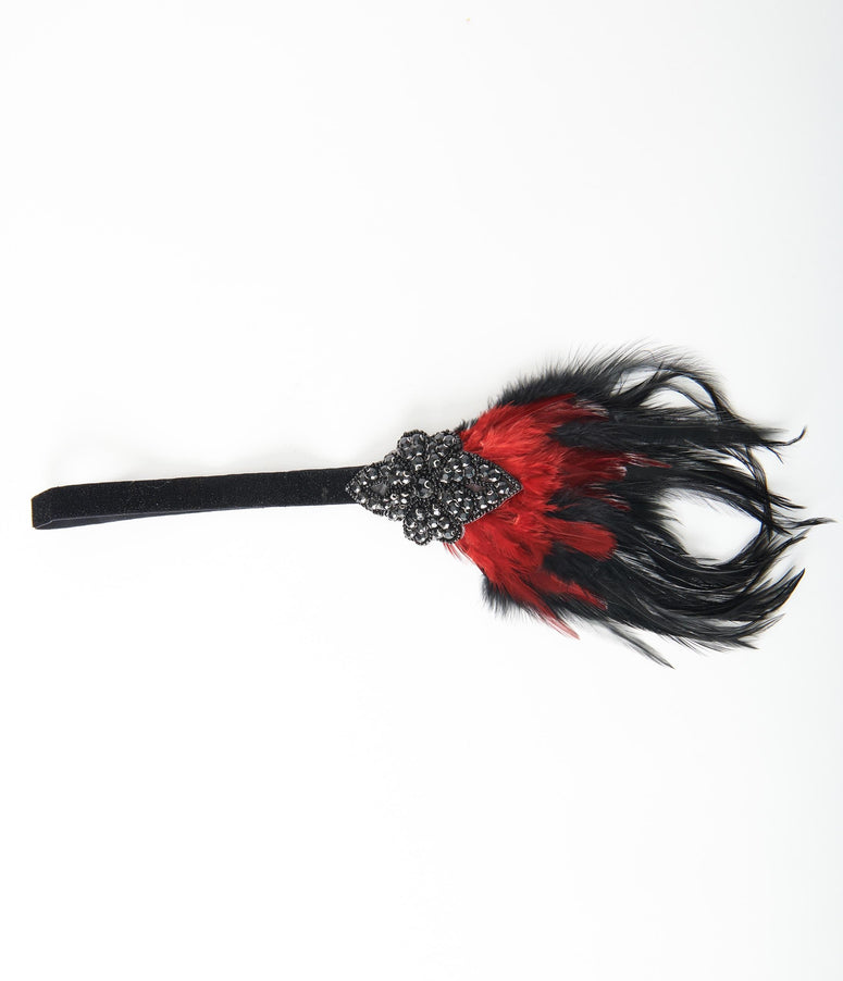 acwashingmachines Black & Red Coque Feather Rhinestone Stretch Headband