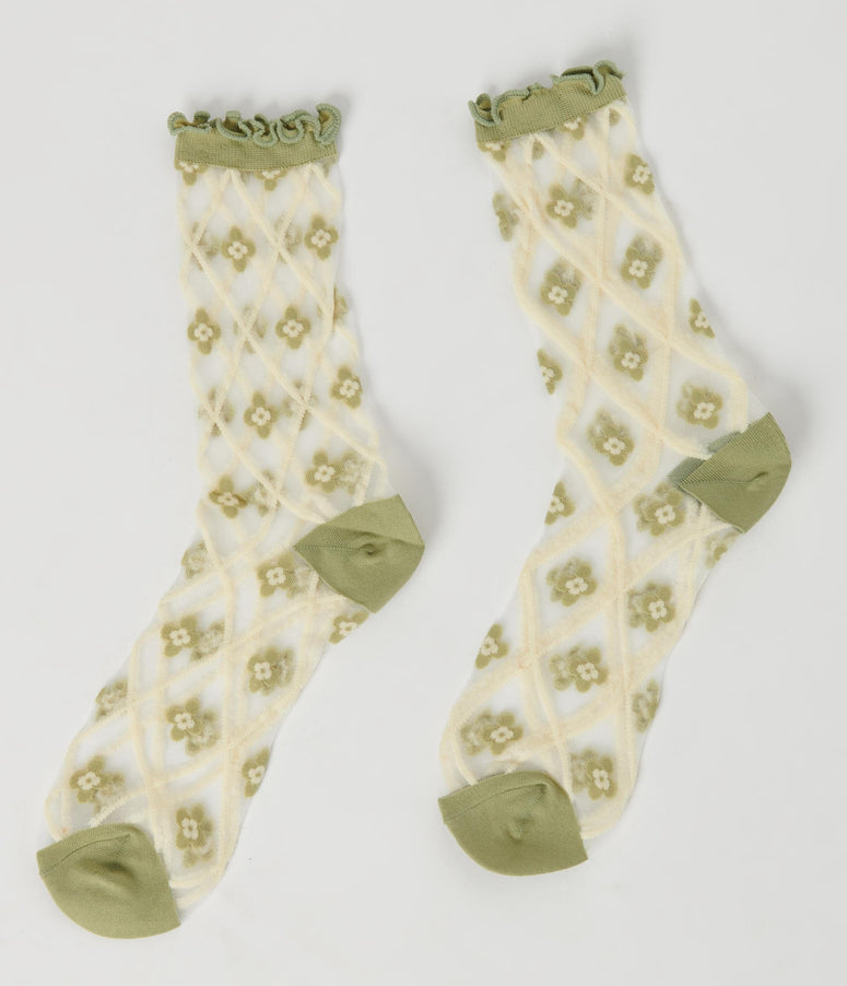 Green Ditsy Daisy Sheer Crew Socks