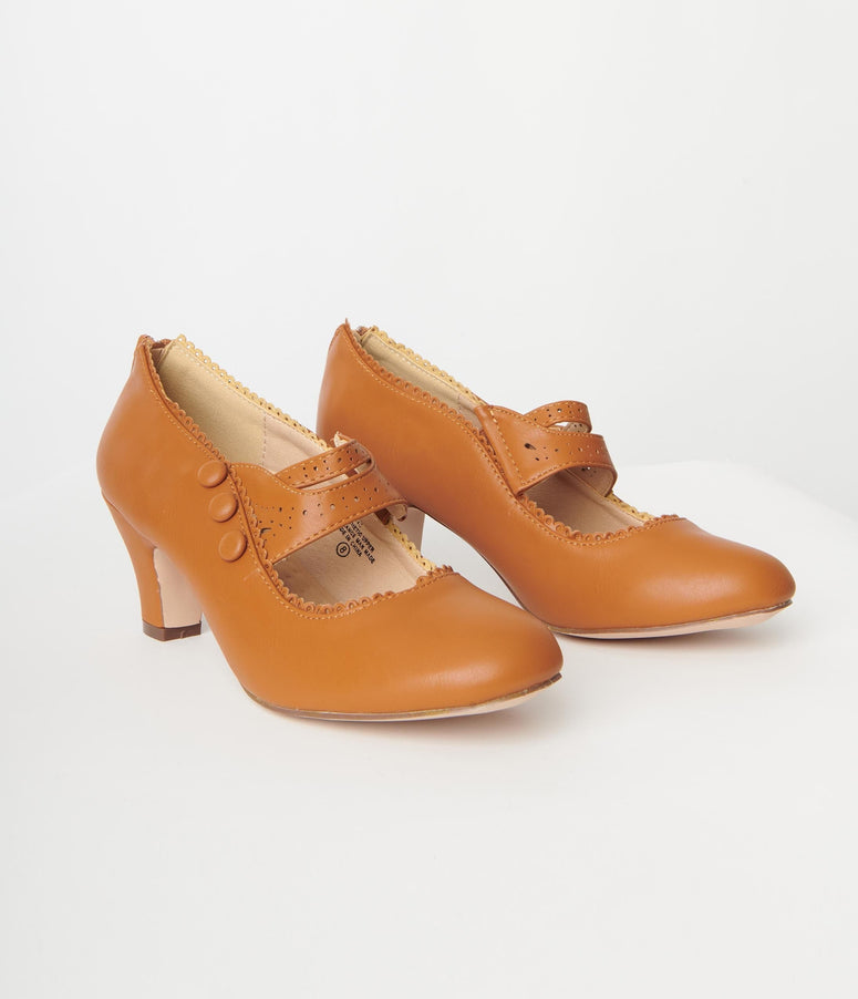 Brown Leatherette Mary Jane Pumps