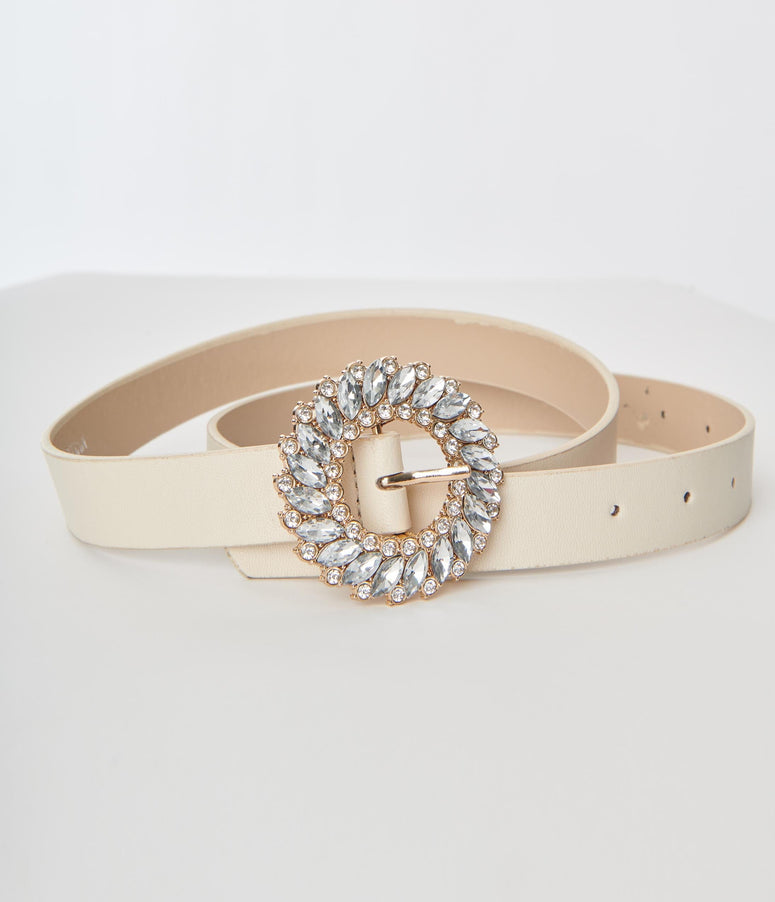 Ivory Round Rhinestone Leatherette Belt