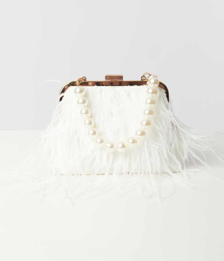 White Pearl & Feather Fringe Clutch