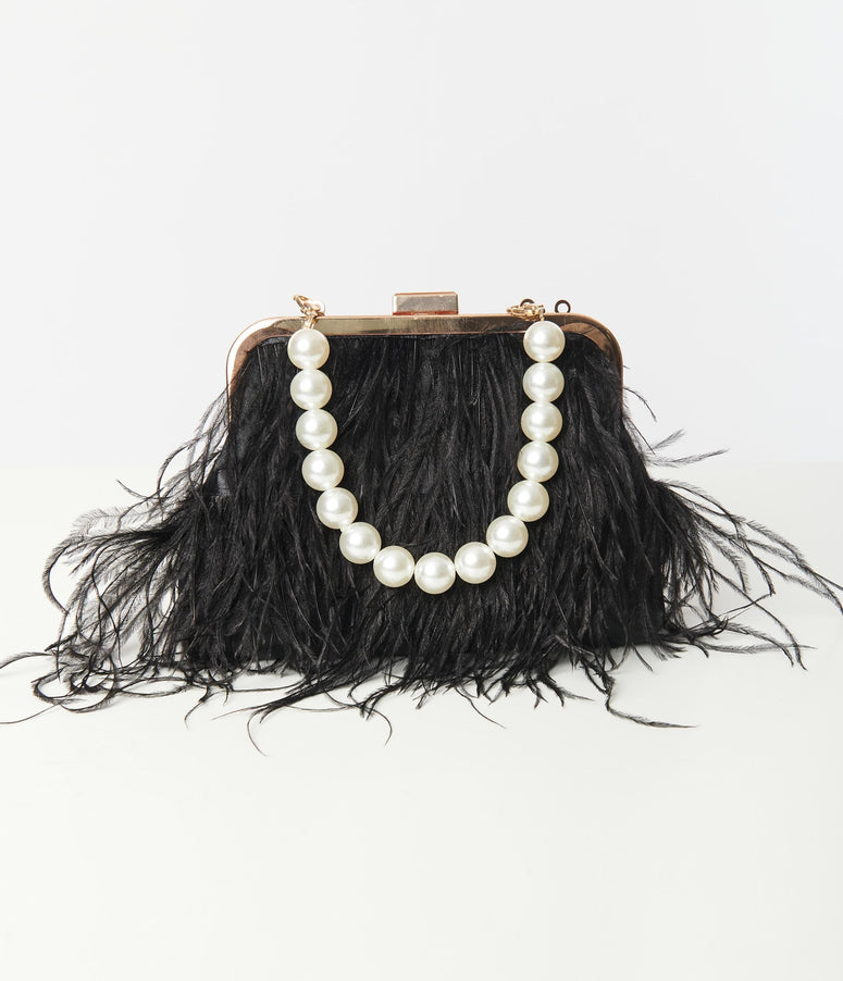 Black Pearl & Feather Fringe Clutch