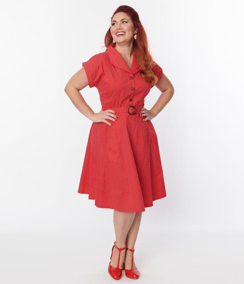 Plus Size 1950s Belted Red Pin Dot Swing Dress