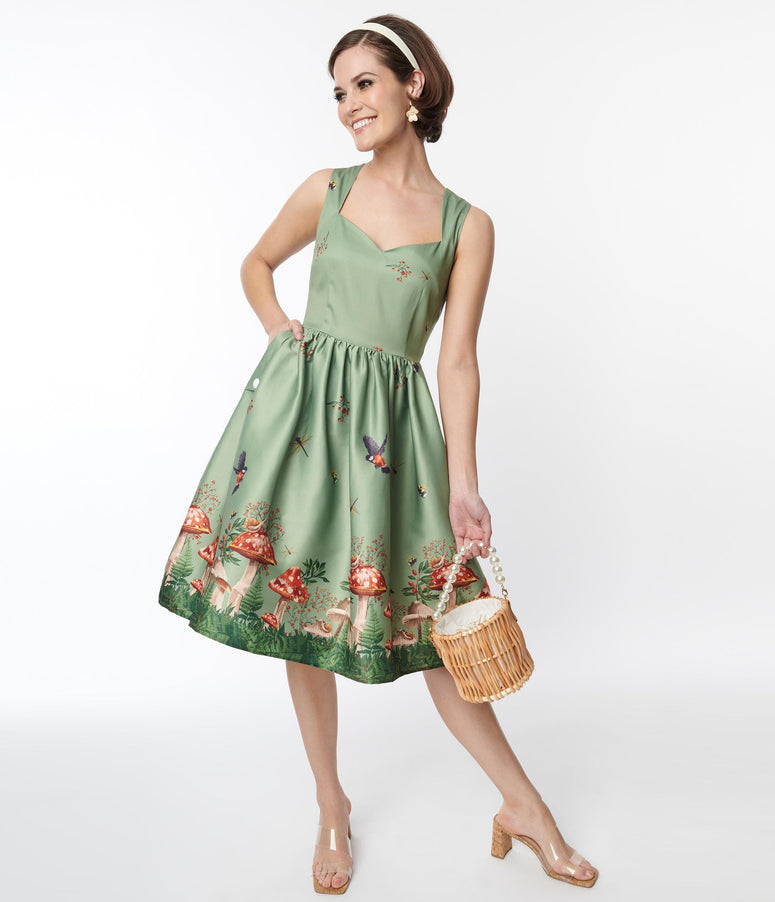 Voodoo Vixen Olive Green Woodland Satin Swing Dress