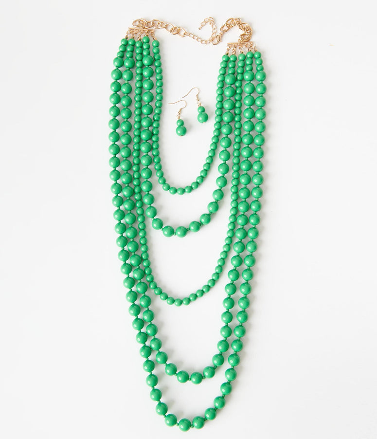 Green Beaded Layer Necklace & Earring Set