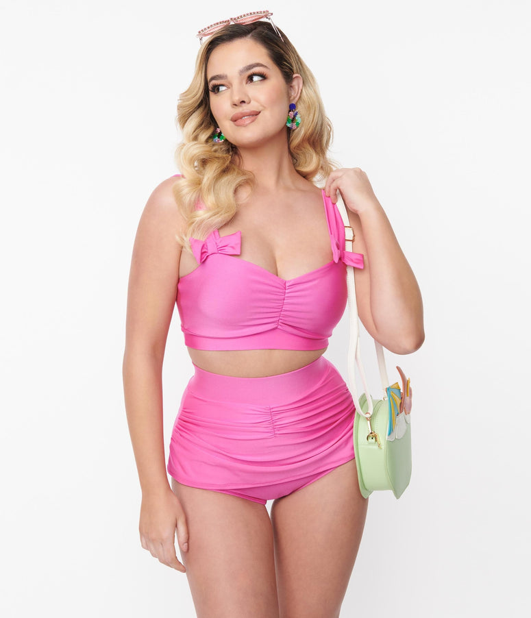 Hot Pink Ruched Bow Swim Top