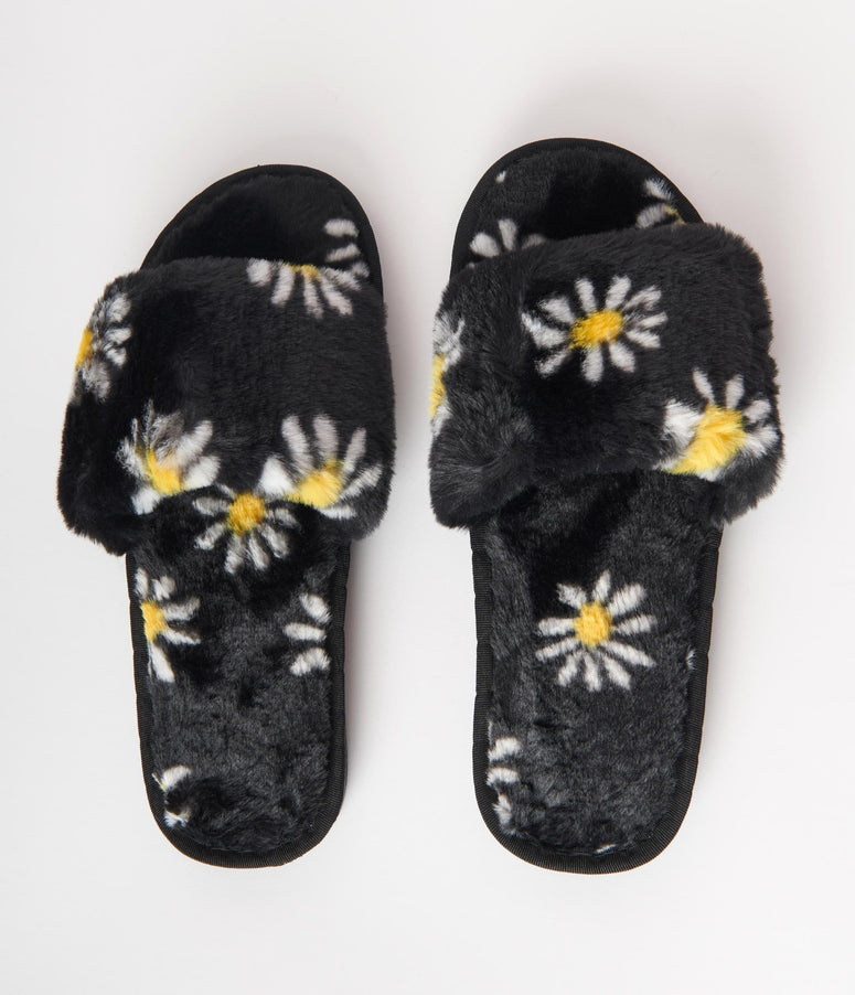 Black & White Daisy Fuzzy Slippers