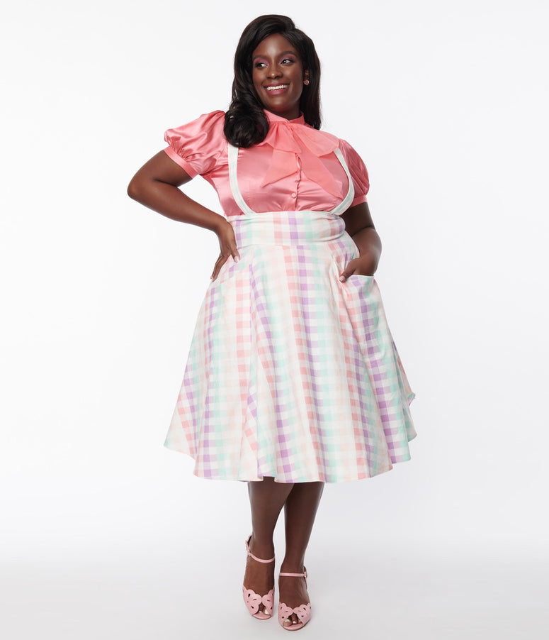 Collectif Plus Size Rainbow Gingham Suspender Swing Skirt