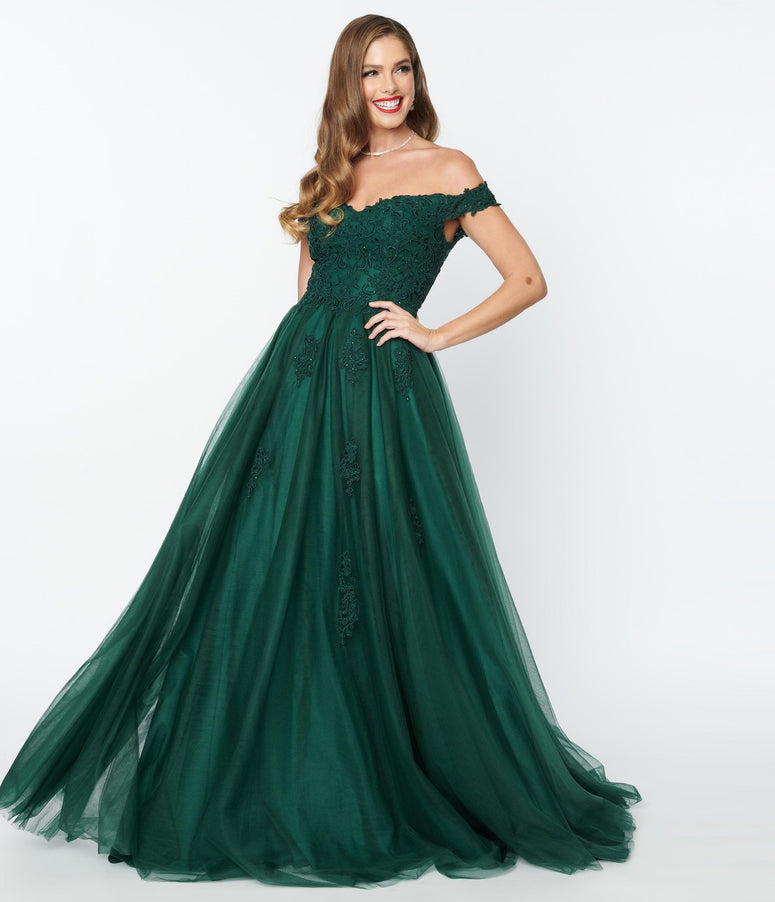 1950s Style Emerald Floral Off The Shoulder Ball Gown