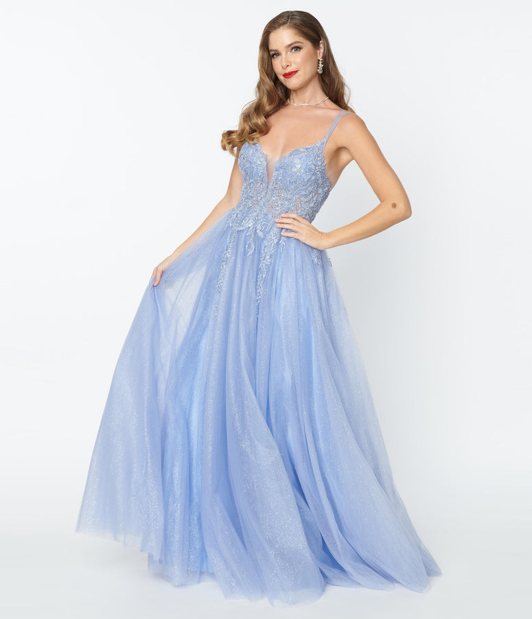 Light Blue Floral Chiffon Ball Gown