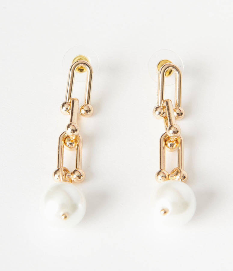 Gold Paperclip Pearl Drop Earrings