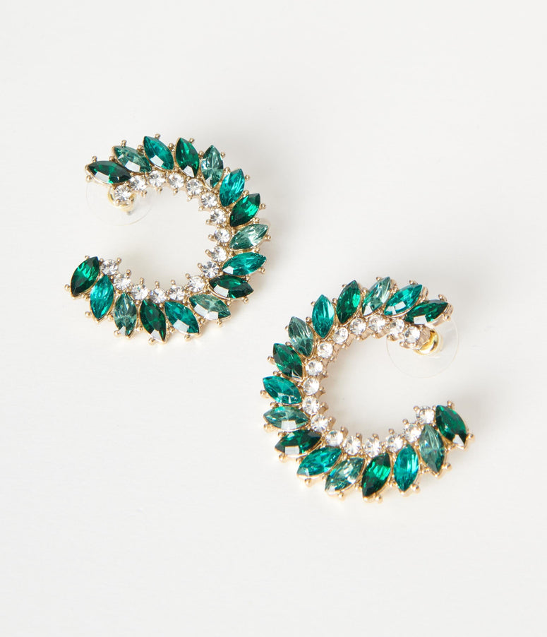 Emerald Rhinestone Leaf Stud Earrings