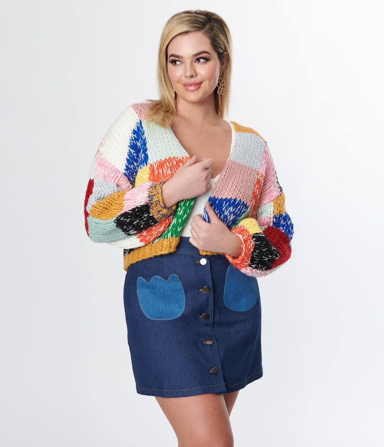 Rainbow Patchwork Knit Open Cardigan