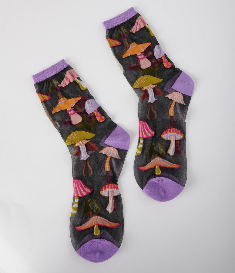 Black & Purple Magic Mushrooms Sheer Crew Socks