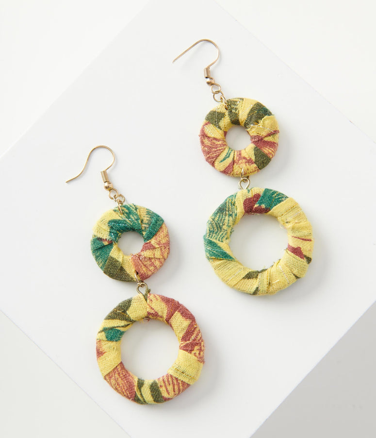 Yellow & Red Fabric Wrapped Double Circle Drop Earrings