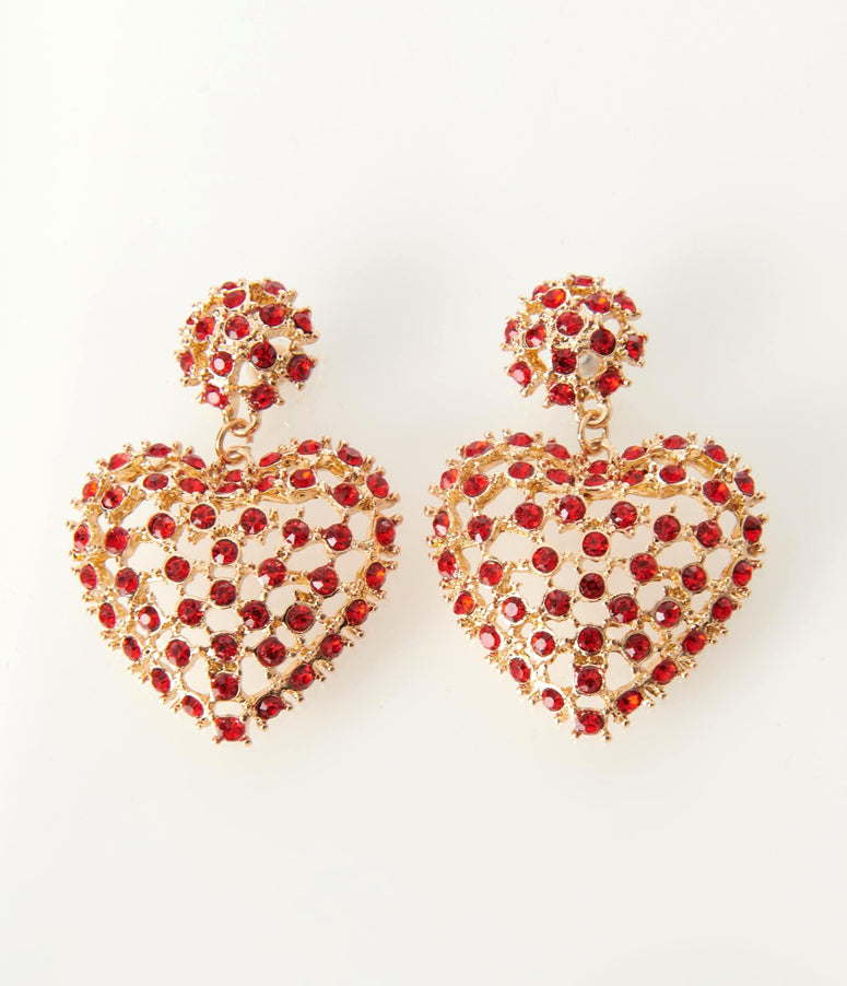 Red Rhinestone & Golden Heart Drop Earrings