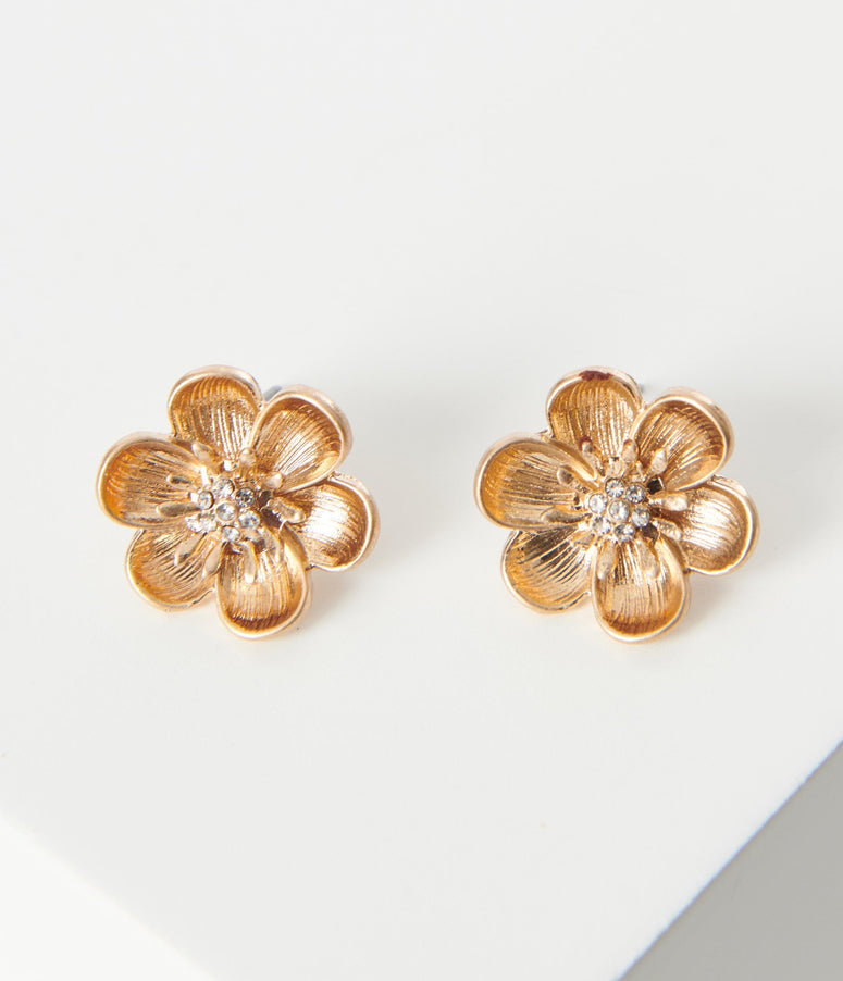 Gold Flower Crystal Center Earrings