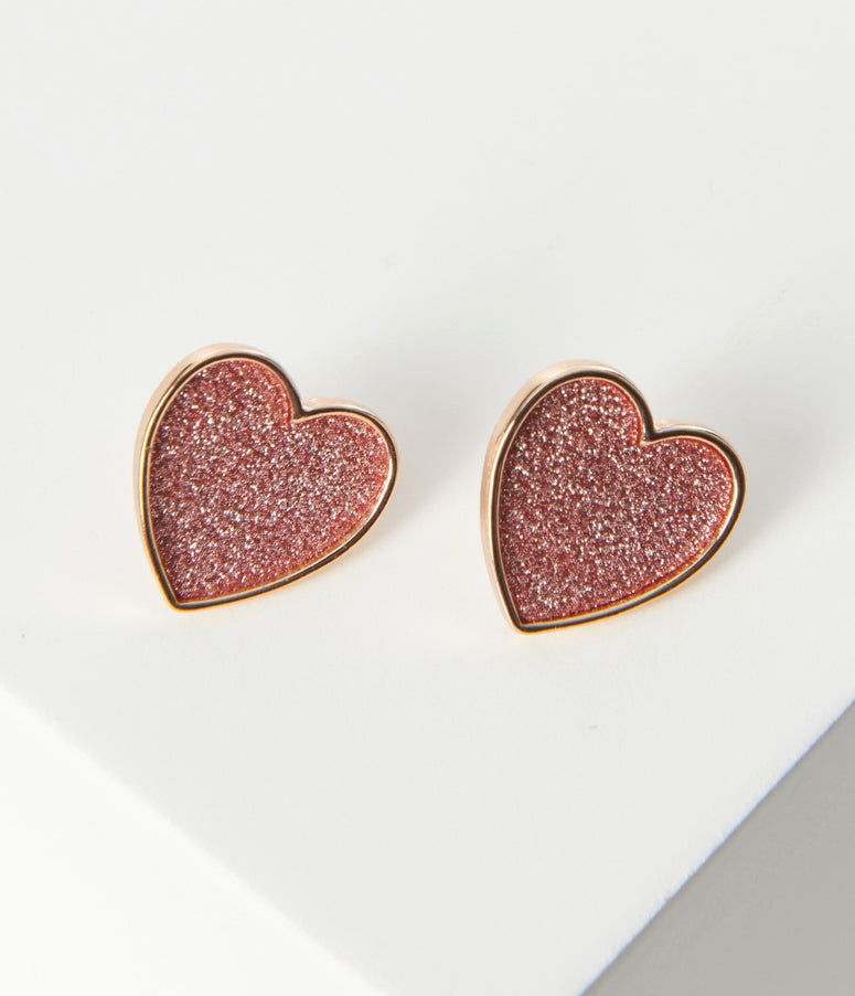 Gold & Pink Glitter Heart Earrings