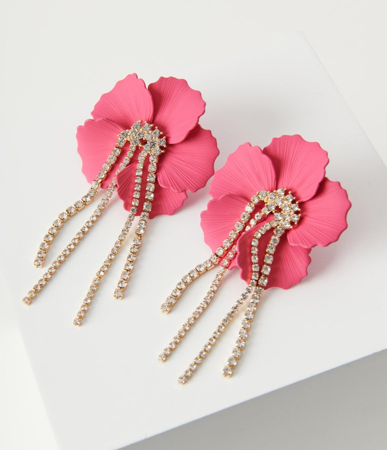 Hot Pink Flower Rhinestone Chain Earrings