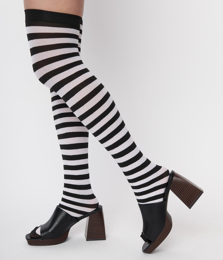 Black & White Striped Thigh High Stockings