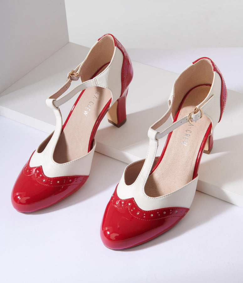 Red and Ivory Flapper T-Strap Heels