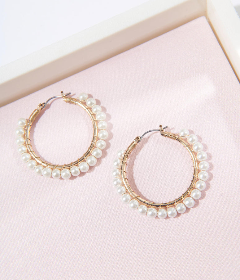 Gold & Pearl Spiraled Hoop Earrings