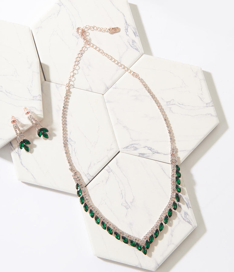 Emerald Rhinestone Necklace and Earrings