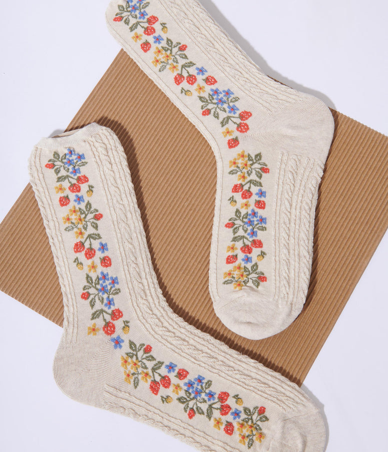 Beige Flower Pattern Socks