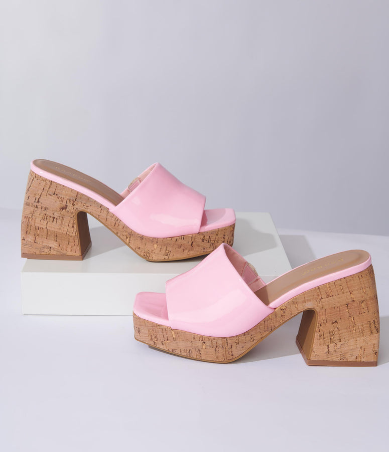 Pink Patent Leatherette Cork Mules