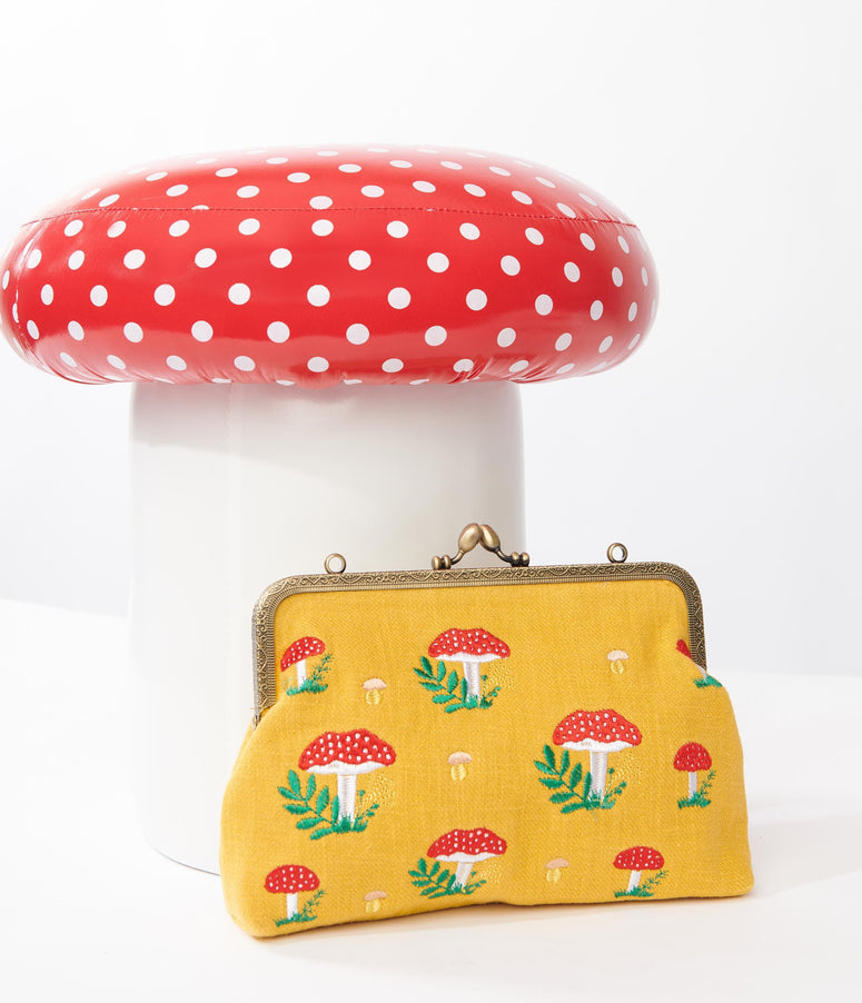 Mustard Yellow Mushroom Embroidered Cotton Handbag