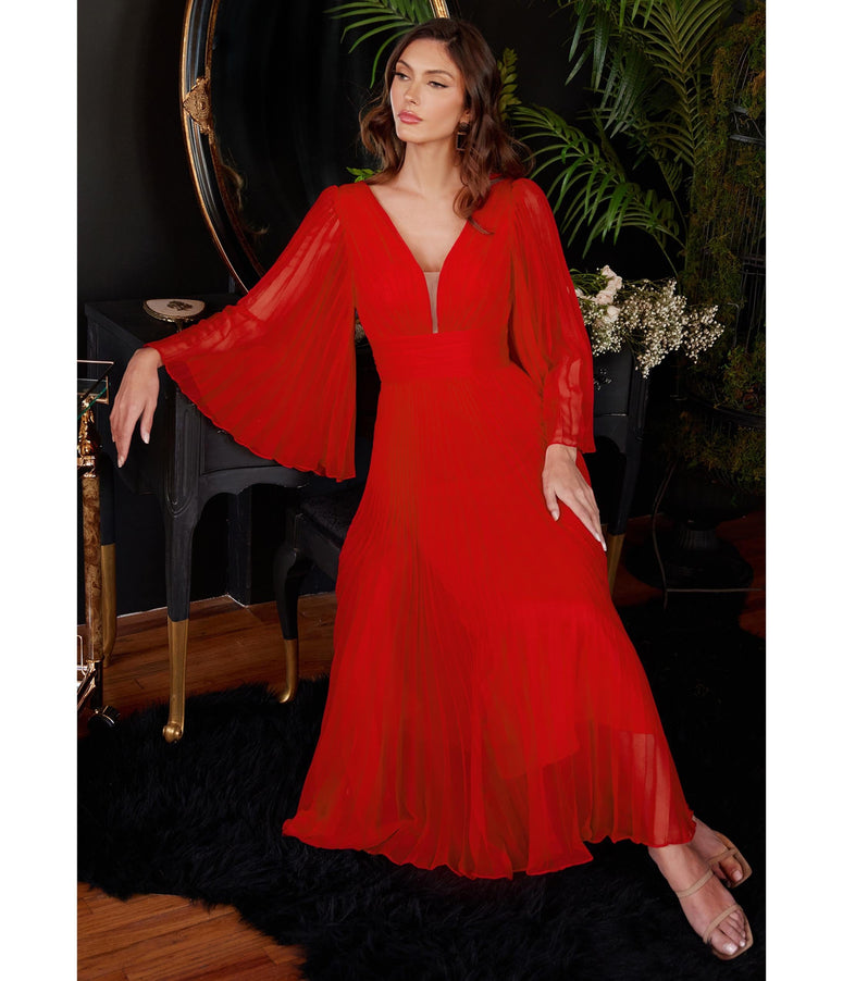 Red Pleated Midi Prom Dress