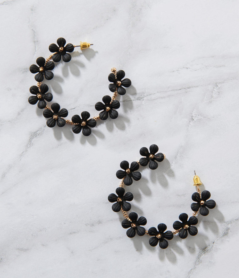 Gold & Black Floral Hoop Earrings