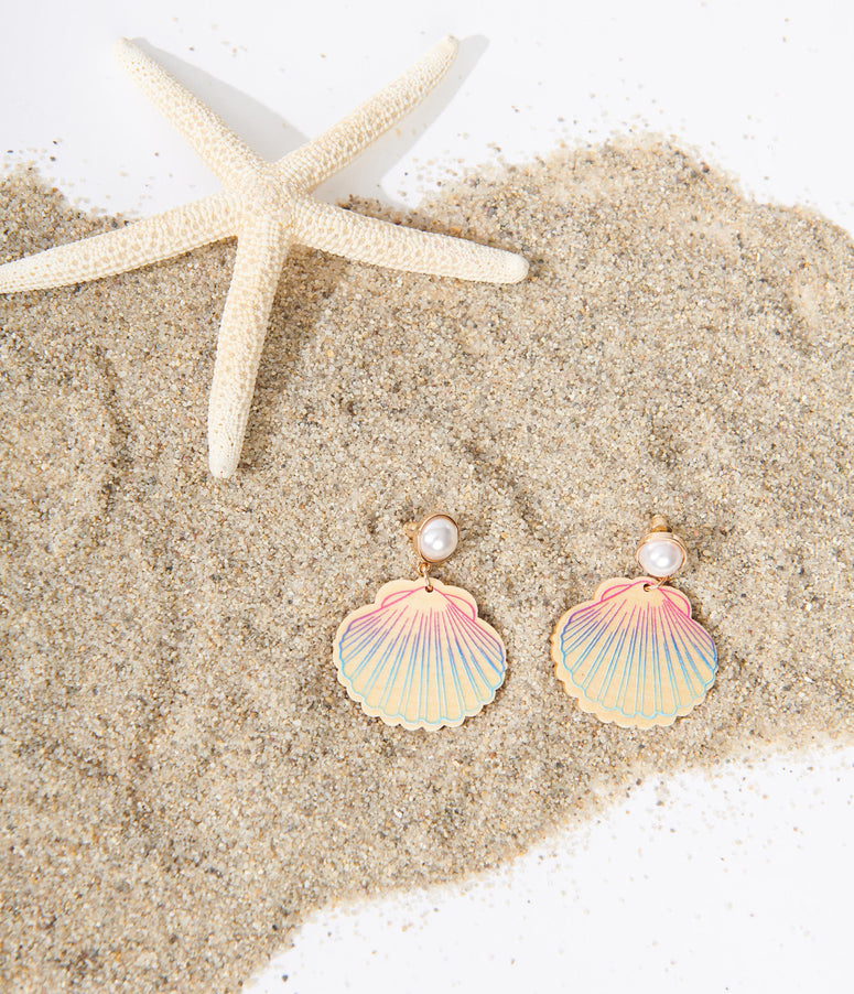 Blue & Pink Ombre Wooden Seashell Drop Earrings