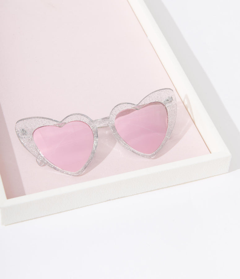 Clear Silver Glitter Heart Cat Eye Sunglasses