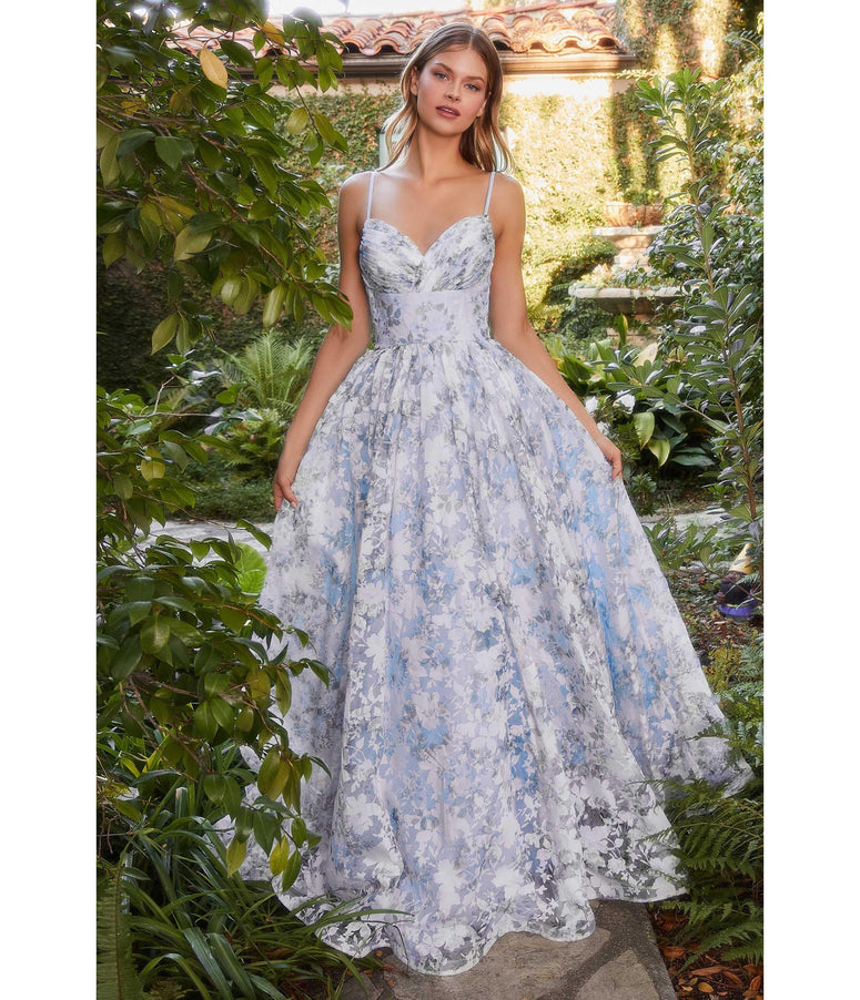 Light Blue Floral Organza Prom Ball Gown