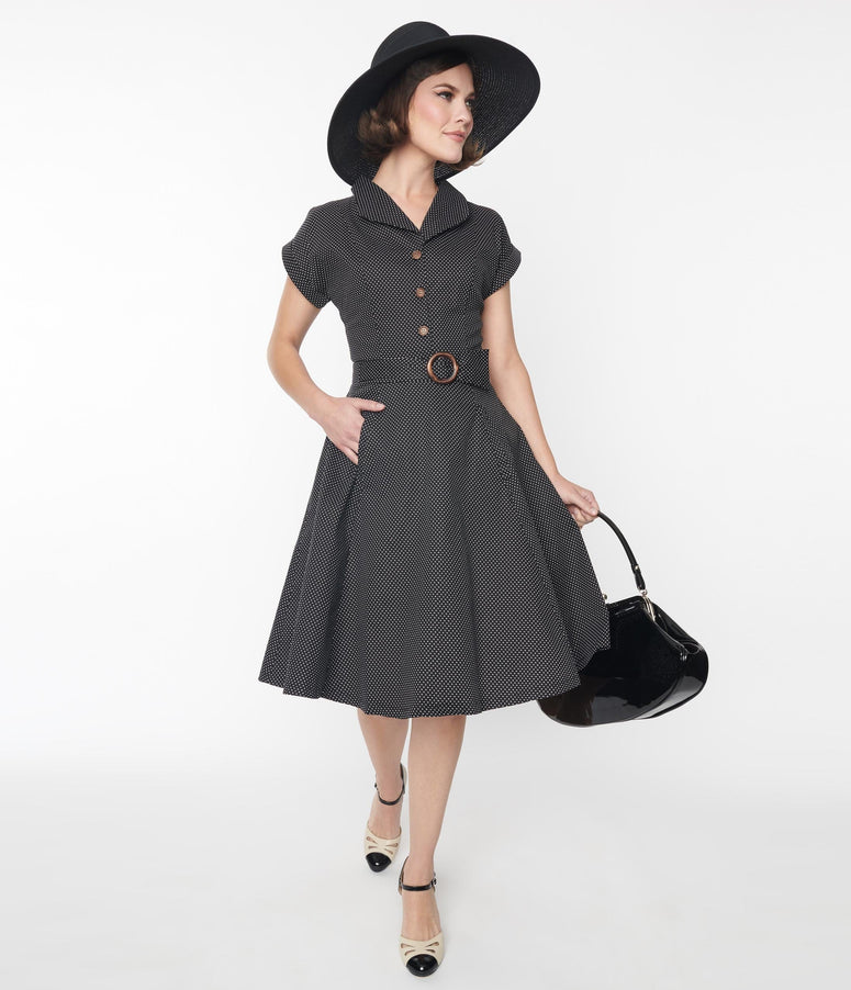1950s Belted Black Pin Dot Swing Dress