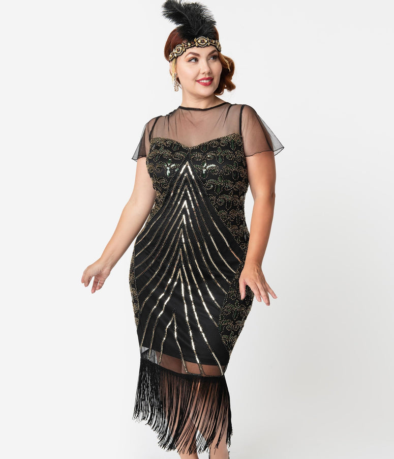 acwashingmachines Plus Size 1920s Black & Gold Beaded Cap Sleeve Rolande Fringe Flapper Dress